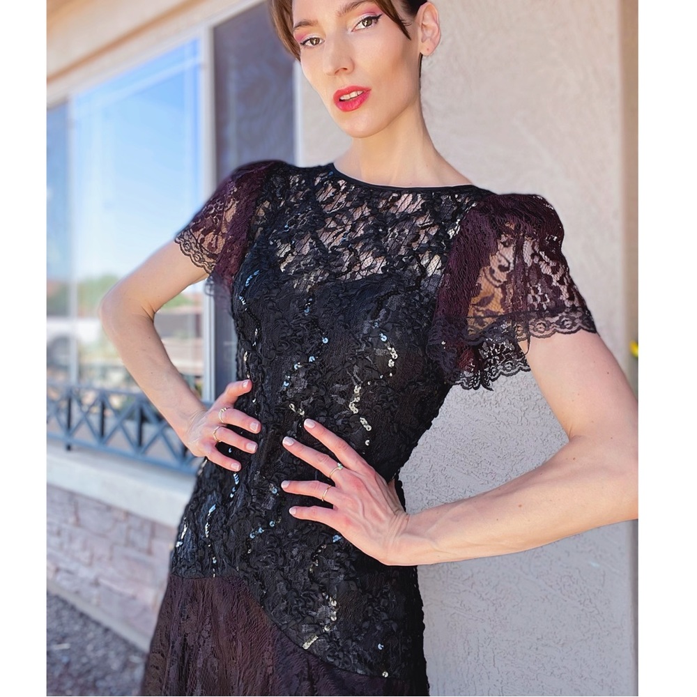 VINTAGE 90s SHUET YOUNG Black & Brown Lace Flutter Sleeve Flounce Midi Dress S - Picture 3 of 10